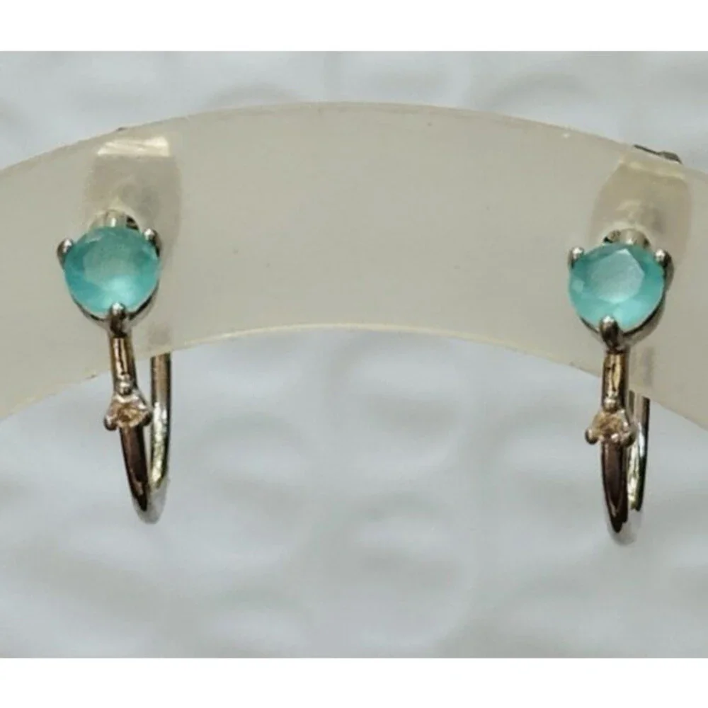 Bomb Party Aqua Blue Faceted Stone Open Hoop Stud Earrings Rhodium Plated